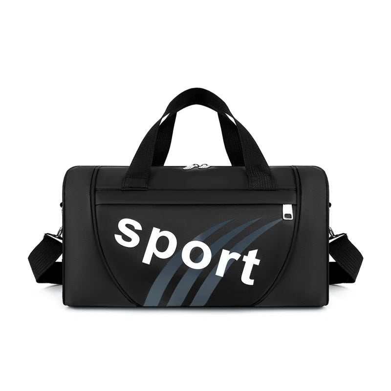 Black unisex travel backpack with a strap and the word Sport printed on the front