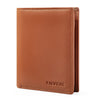 A brown genuine leather men's business wallet with a stitched edge and visible zipper detail.