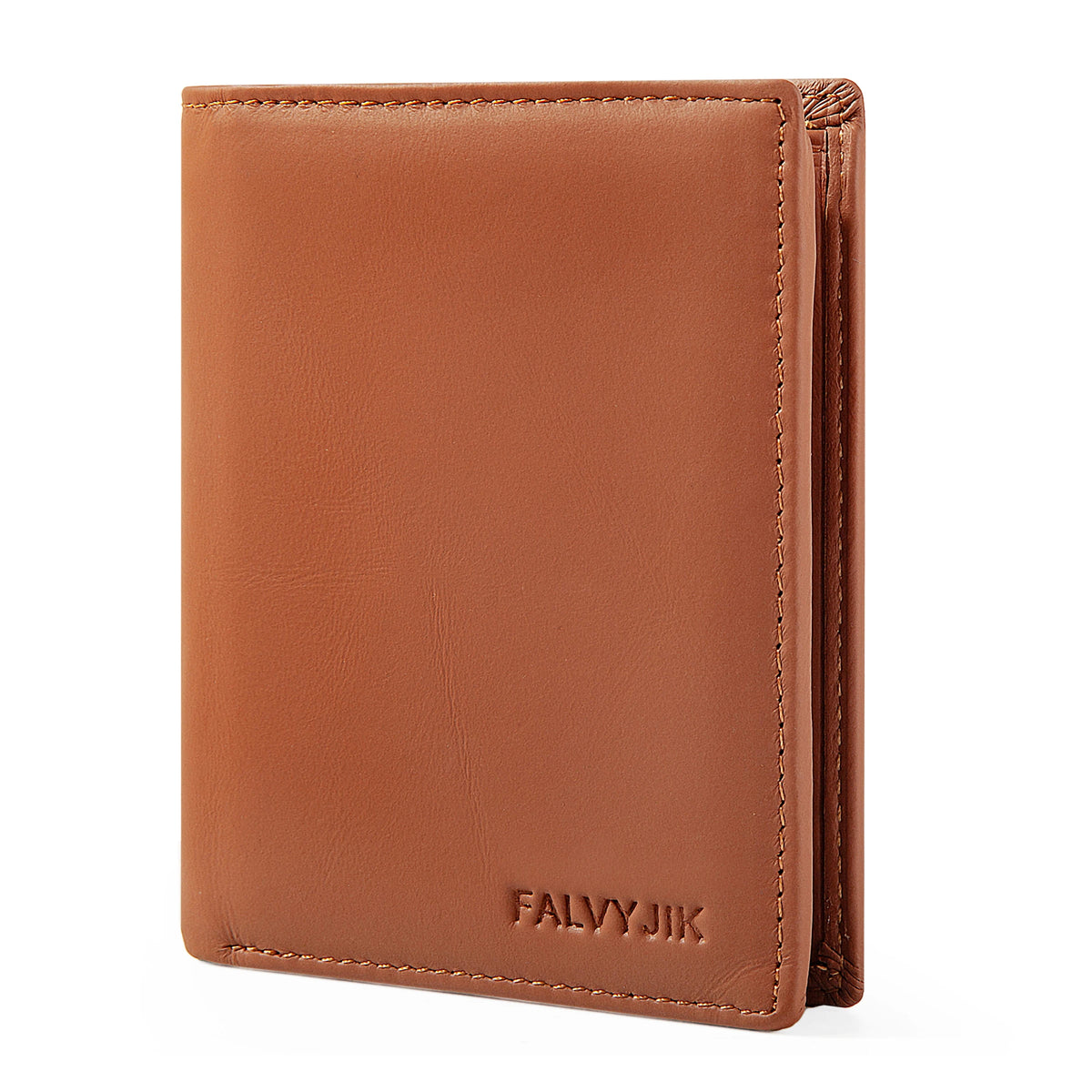 A brown genuine leather men's business wallet with a stitched edge and visible zipper detail.