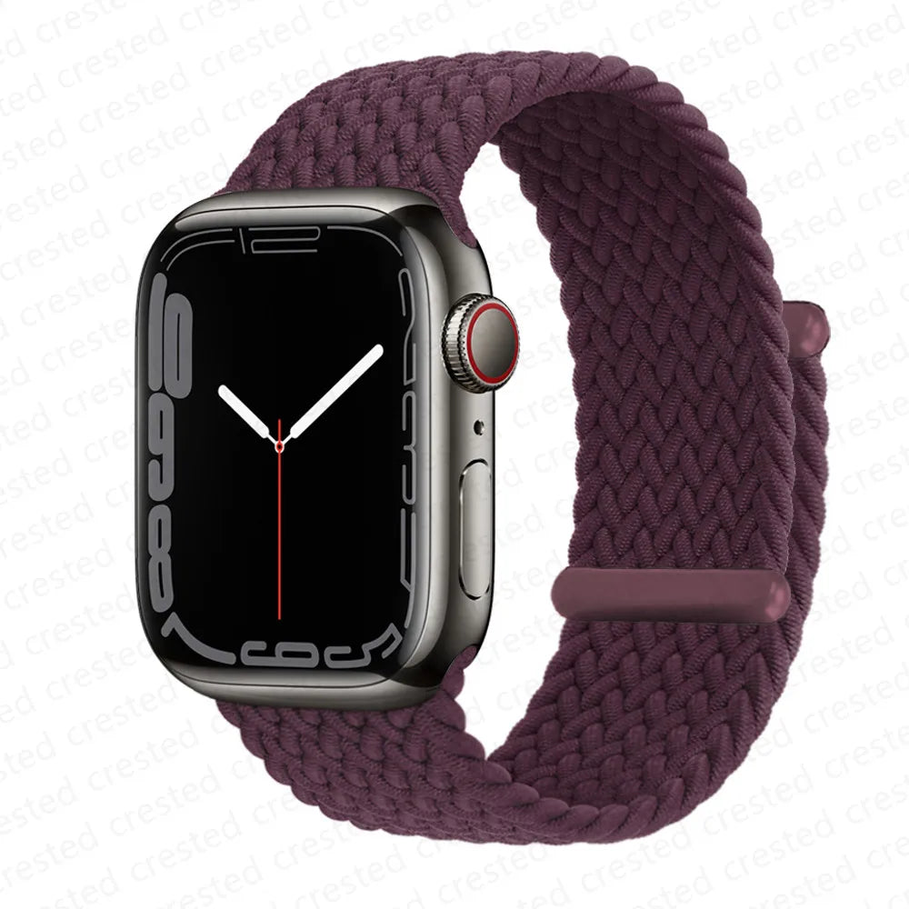 A dark gray Apple Watch is shown on a purple braided stretch band.
