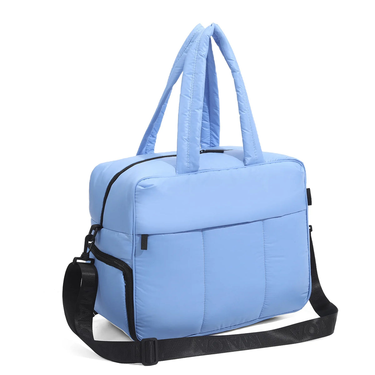 Light blue large capacity women's travel duffle bag with black trim and handles
