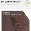 A close-up of a brown leather passport and travel wallet featuring a 3D embossed lion logo and the name SCHLATUM.