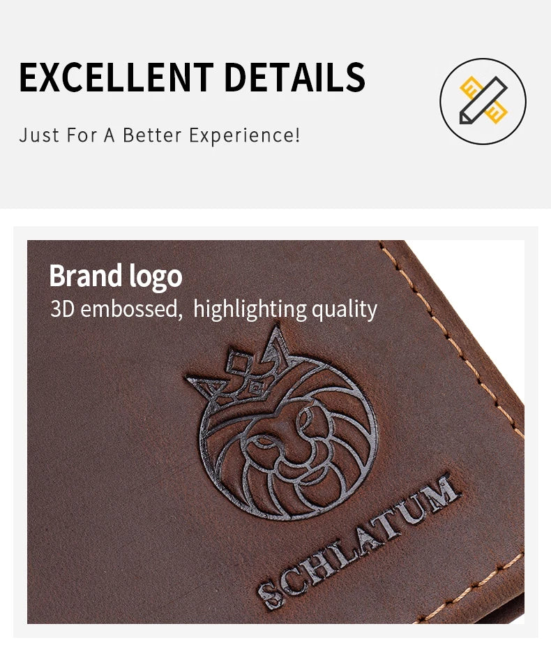 A close-up of a brown leather passport and travel wallet featuring a 3D embossed lion logo and the name SCHLATUM.