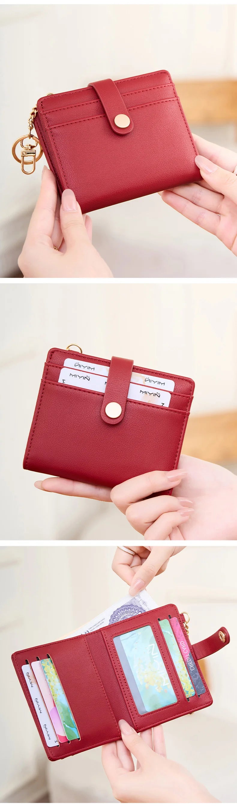 A close-up of a red leather minimalist wallet with RFID blocking features and cards inside.