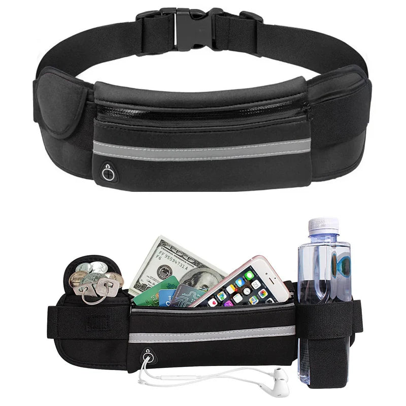 Black waterproof running waist pack with a zippered phone pocket and strap.