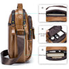 Bolso cruz de cuero genuino marrón de vaca con varios compartimentos, incluyendo un bolso auxiliar, bolsillo frontal y princi