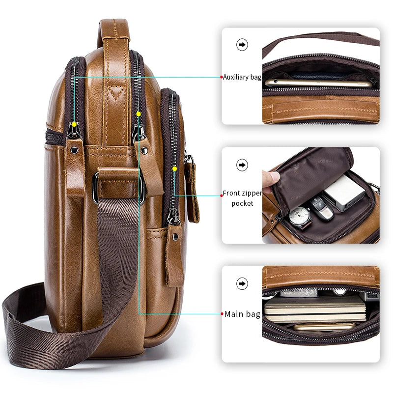 Bolso cruz de cuero genuino marrón de vaca con varios compartimentos, incluyendo un bolso auxiliar, bolsillo frontal y princi
