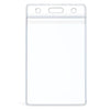 A transparent vinyl ID card holder sleeve with a clear plastic cover and a protective strip.