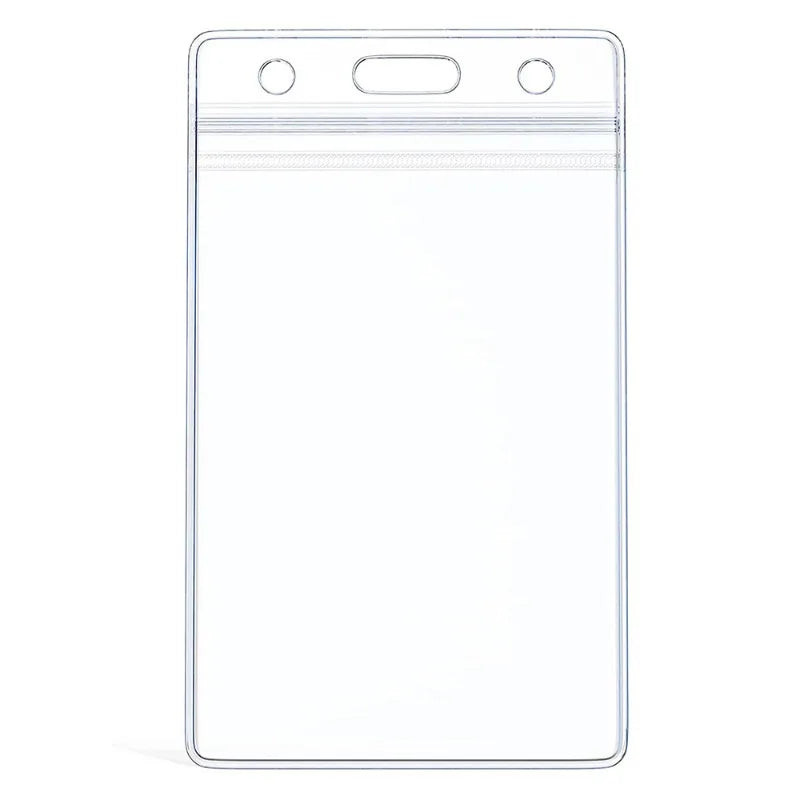 A transparent vinyl ID card holder sleeve with a clear plastic cover and a protective strip.
