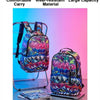A vibrant pink and blue hip-hop street style backpack displayed on a stand with features highlighting comfort, durability, an