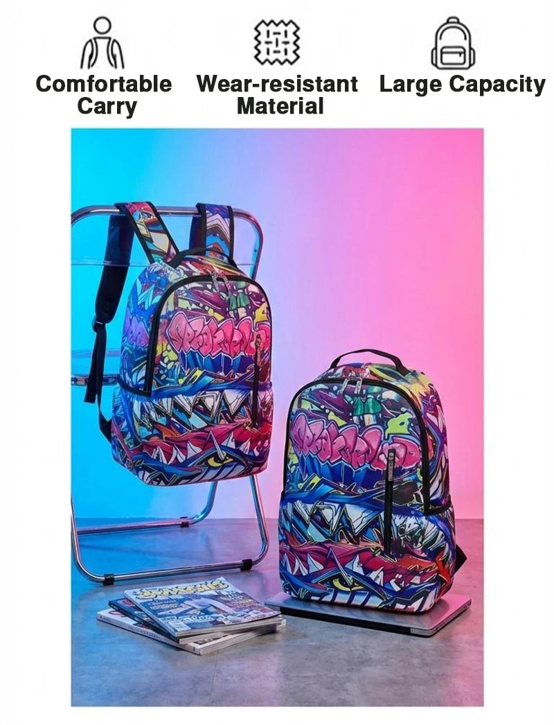 A vibrant pink and blue hip-hop street style backpack displayed on a stand with features highlighting comfort, durability, an