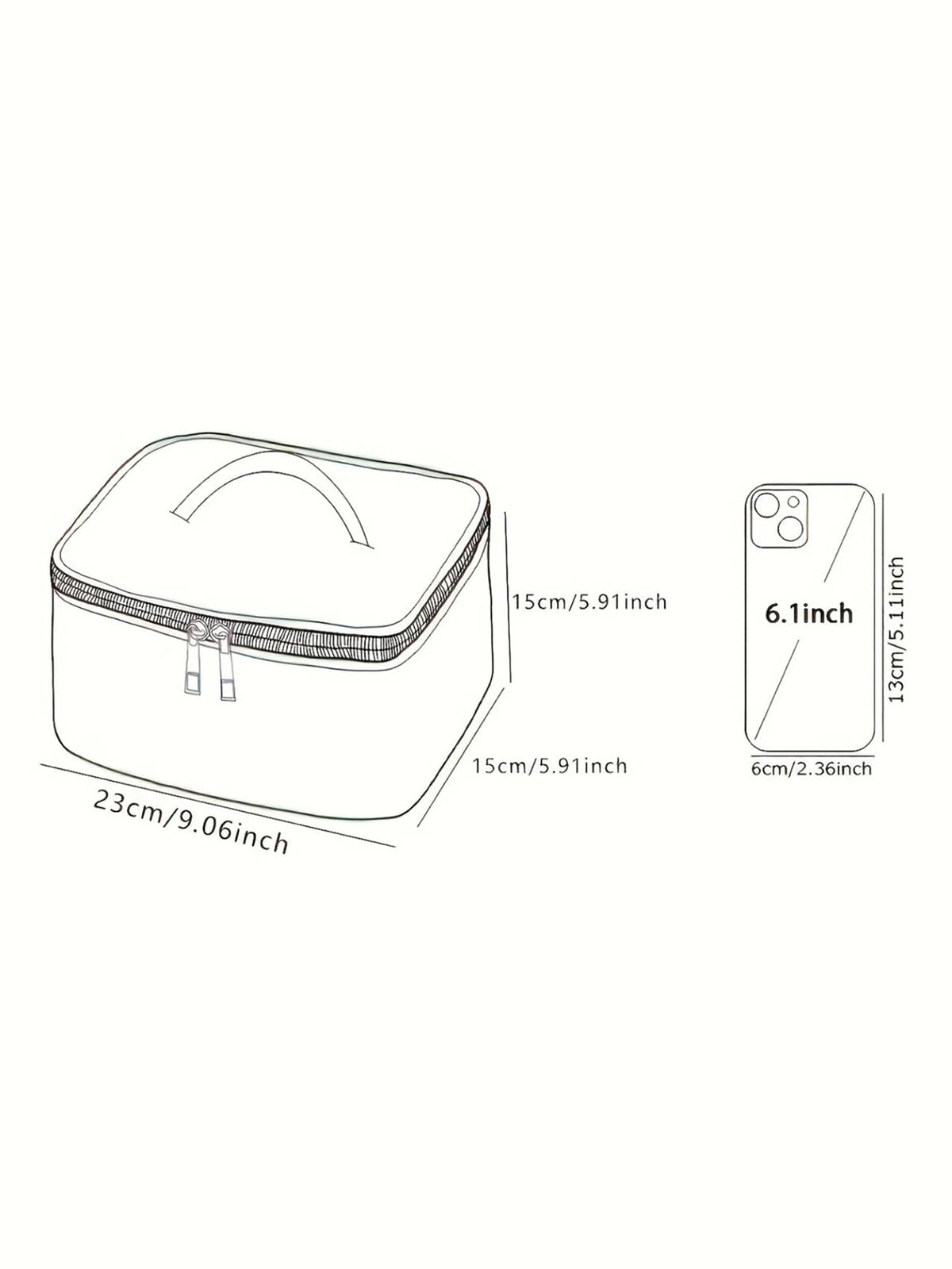 A quilted cosmetic travel bag with a dachshund print shown in side view and dimensioned.