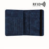 A dark blue leather passport holder with RFID protection features shown open.