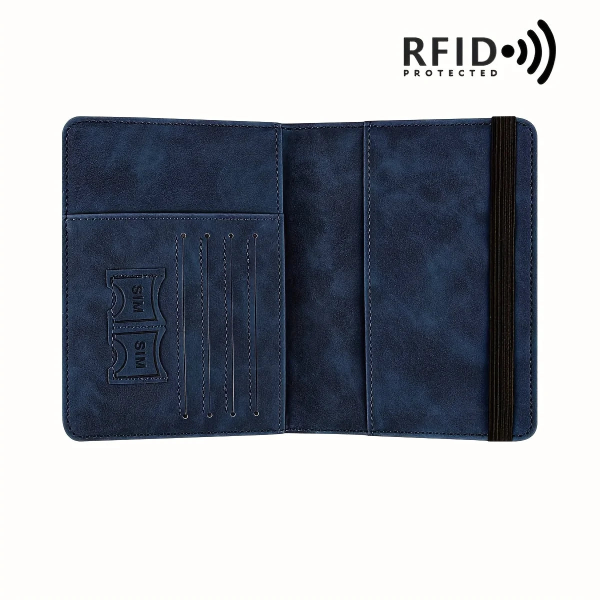 A dark blue leather passport holder with RFID protection features shown open.