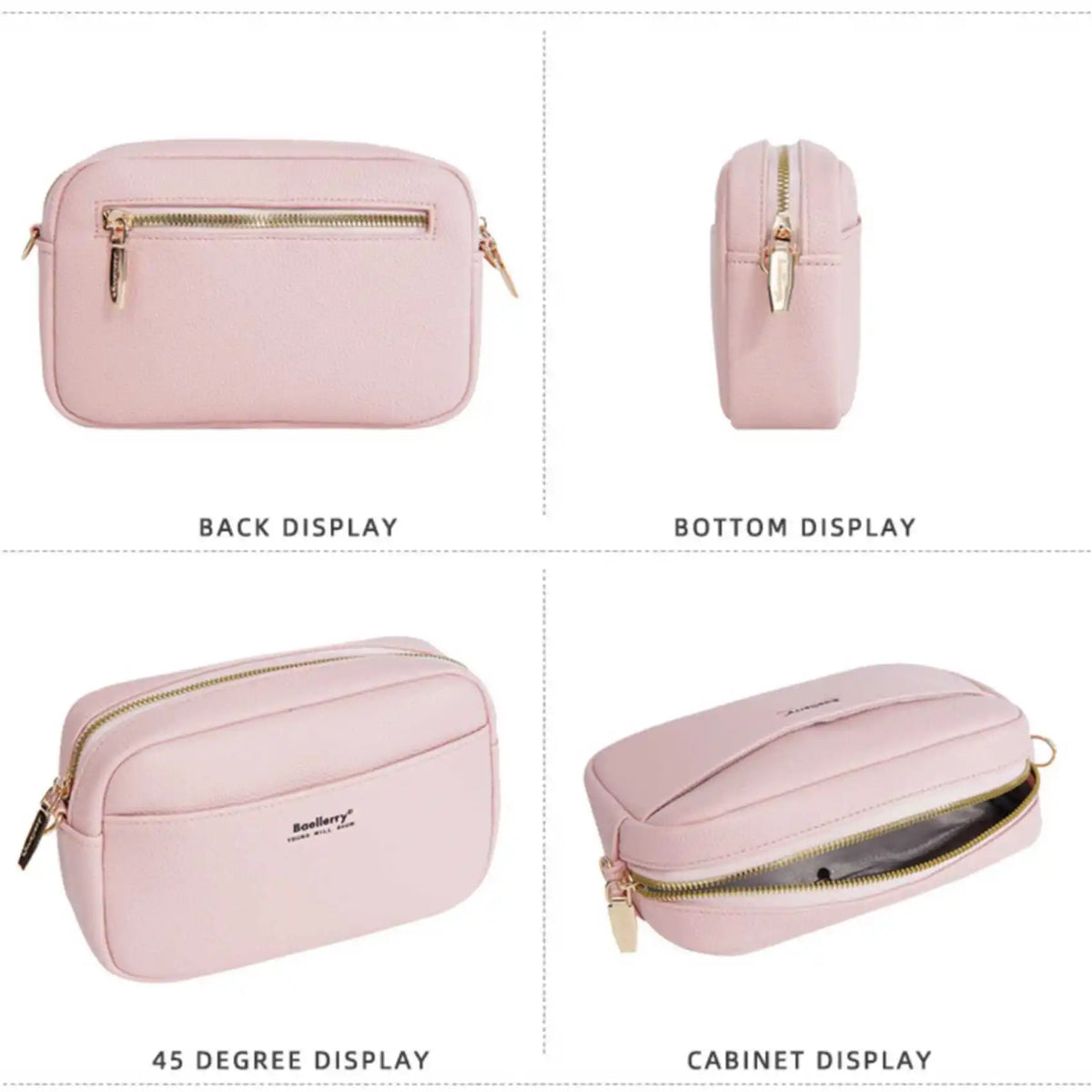 A pink zippered shoulder bag shown in various display angles including back, bottom, 45 degree, and cabinet views.