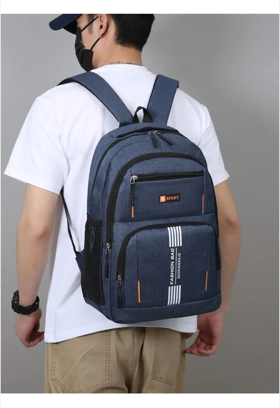 A man is wearing a dark blue lightweight commuter backpack with orange accents and a black face mask.