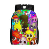 A colorful backpack featuring various cartoon characters and bright neon colors.