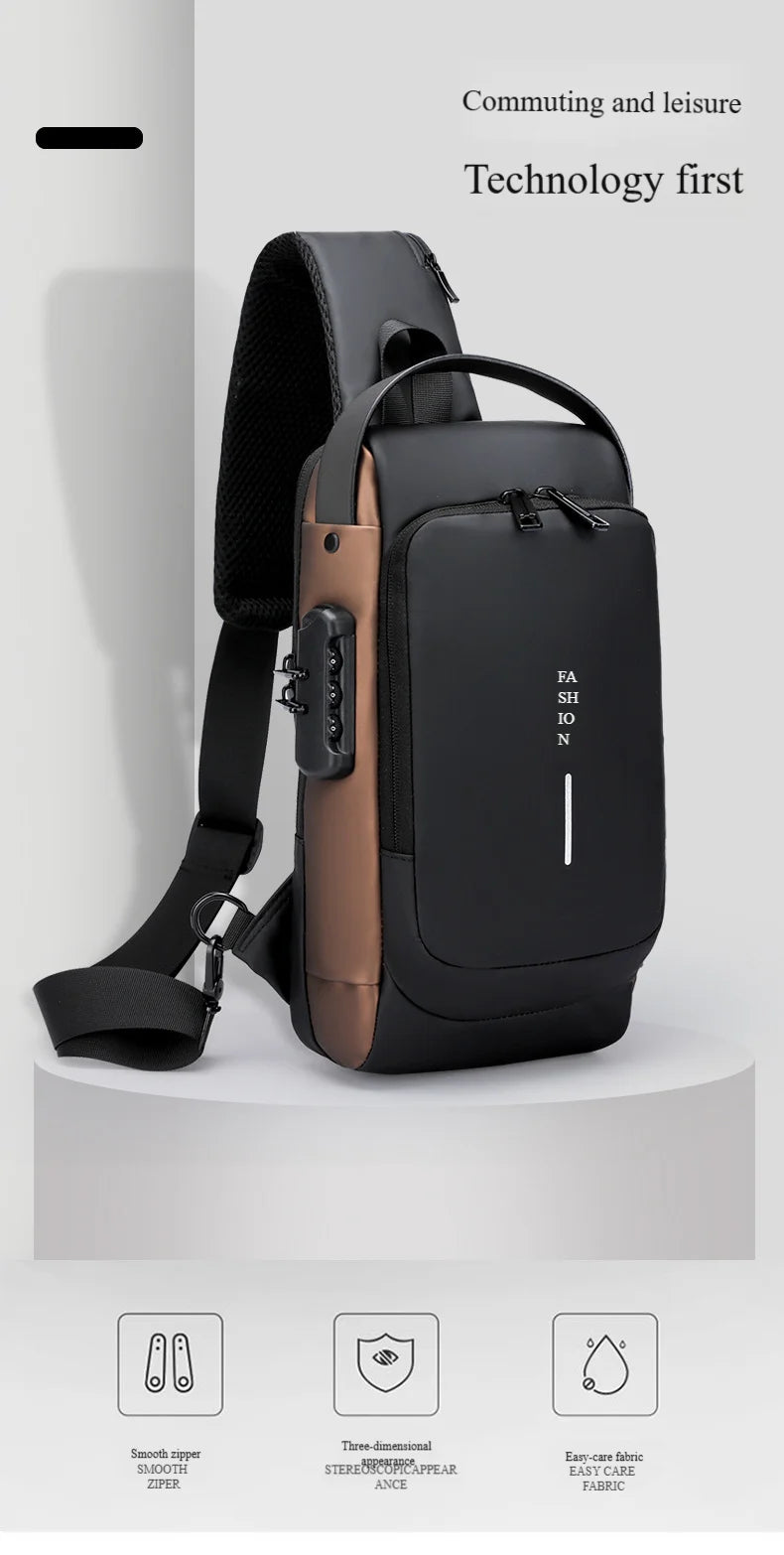A black anti-theft crossbody chest bag with a brown leather accent and adjustable strap shown against a light gray background