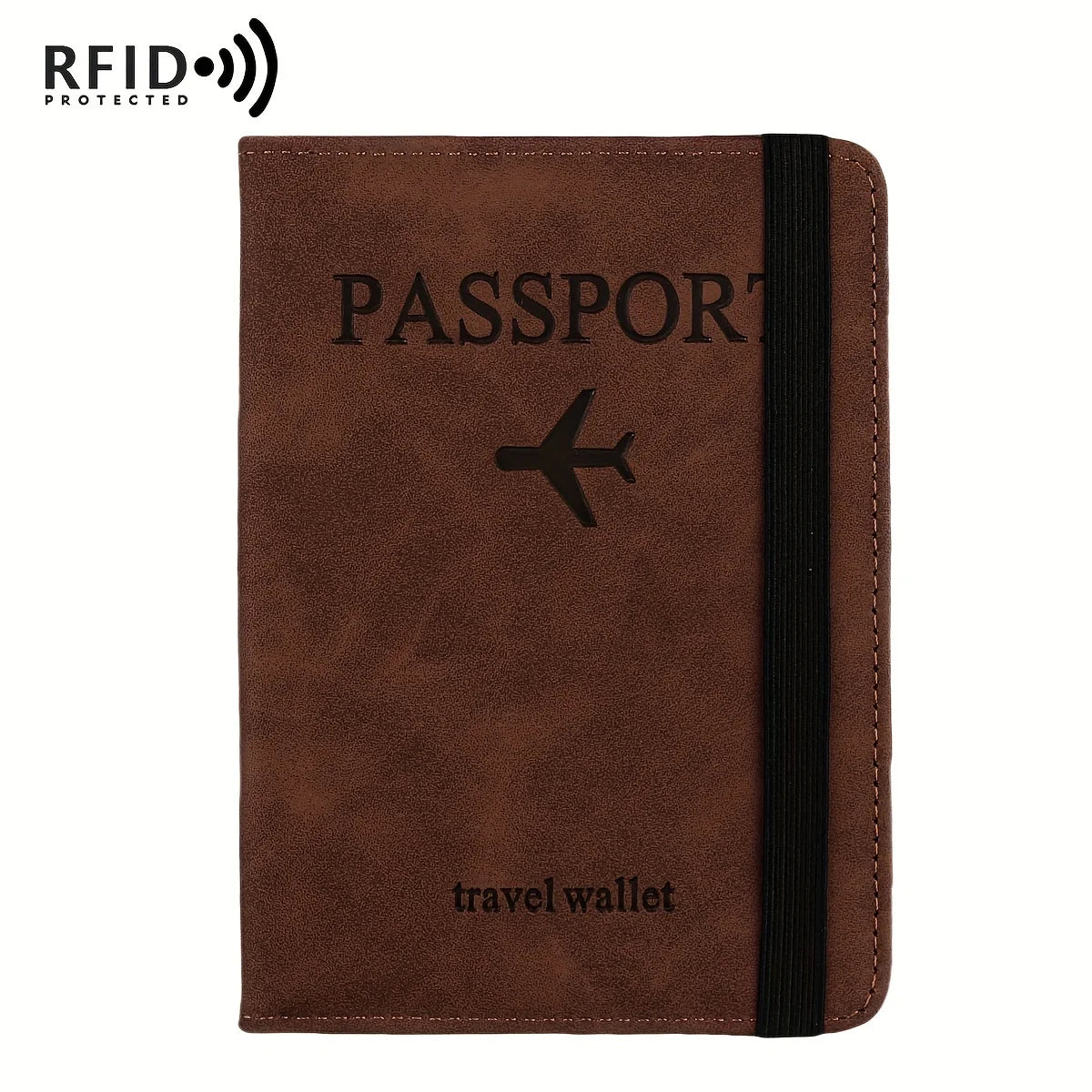 A brown leather passport holder with a black stripe and a silhouette of an airplane.