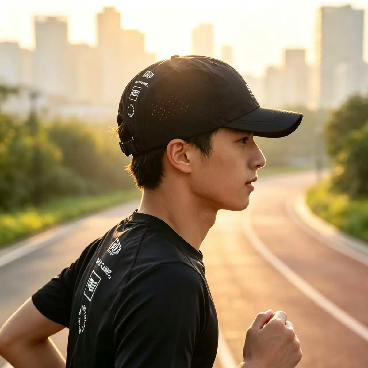 A young man wearing a black mesh baseball cap is running outdoors on a paved road during sunset.