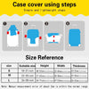 Four steps showing how to use a case cover for luggage, including size reference chart.