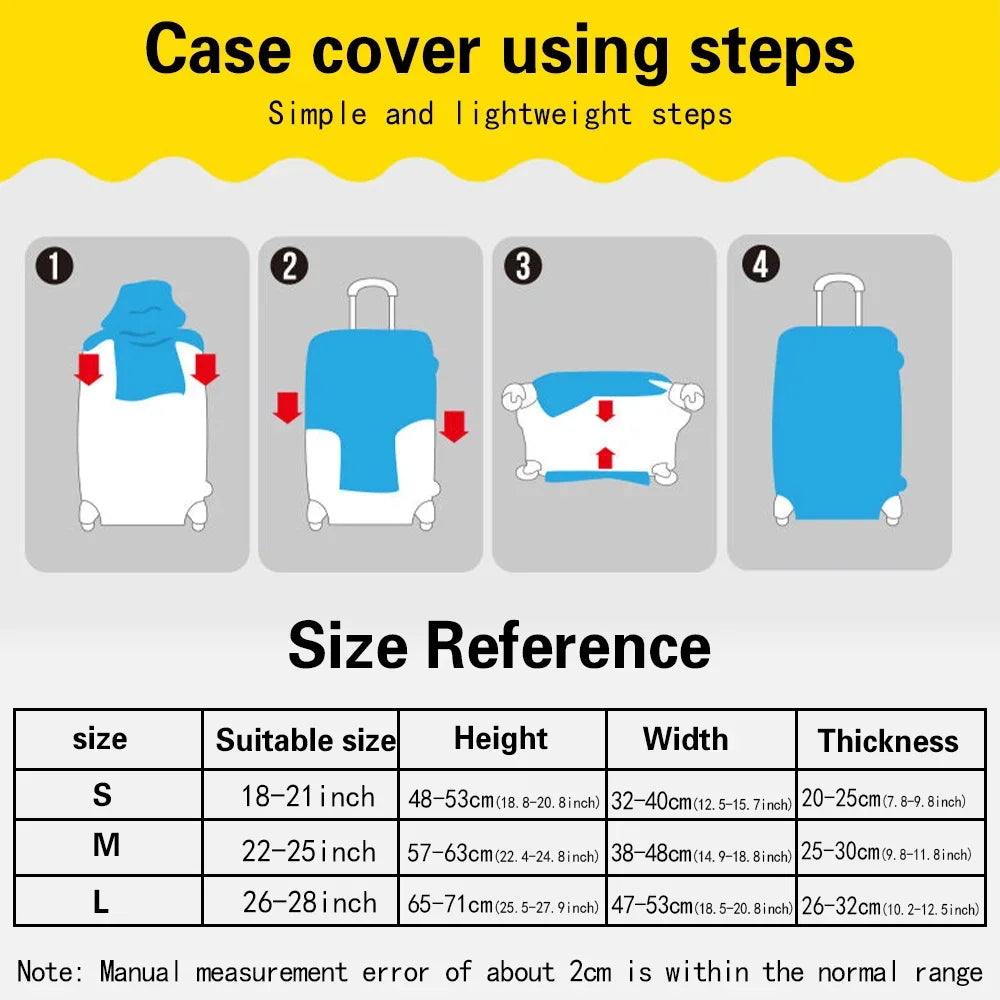 Four steps showing how to use a case cover for luggage, including size reference chart.
