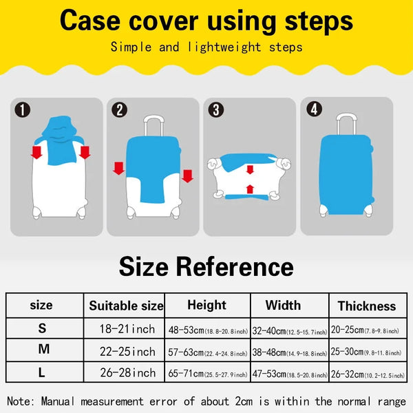 Four steps showing how to use a case cover for luggage, including size reference chart.