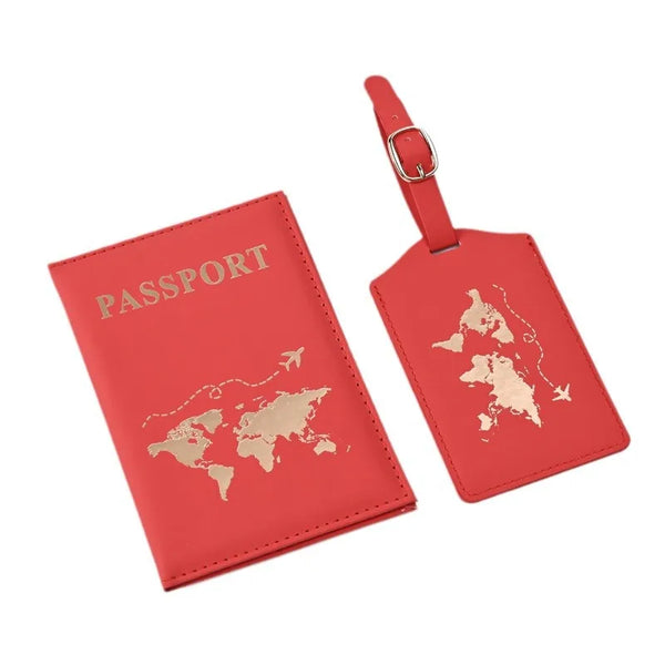 A red passport holder and luggage tag set made of premium PU leather with gold foil printing.