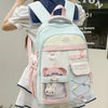 A woman is wearing a light blue and white Candy Color Campus backpack on her back.
