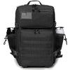 Black tactical backpack featuring an American flag patch and MOLLE webbing.