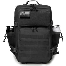 Black tactical backpack featuring an American flag patch and MOLLE webbing.