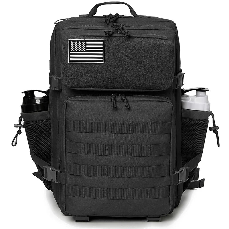 Black tactical backpack featuring an American flag patch and MOLLE webbing.