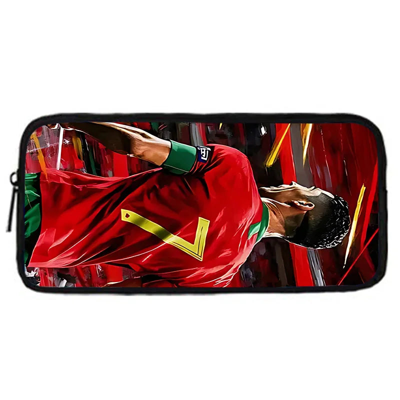 A red soccer player in a red jersey is shown in an action pose on a black backpack print.