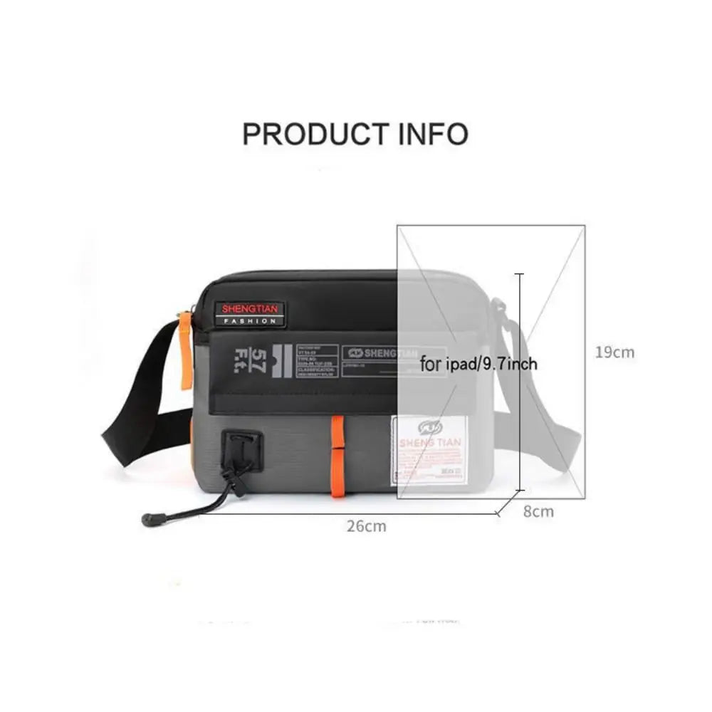 A gray waterproof nylon crossbody bag shown with dimensions and product information.