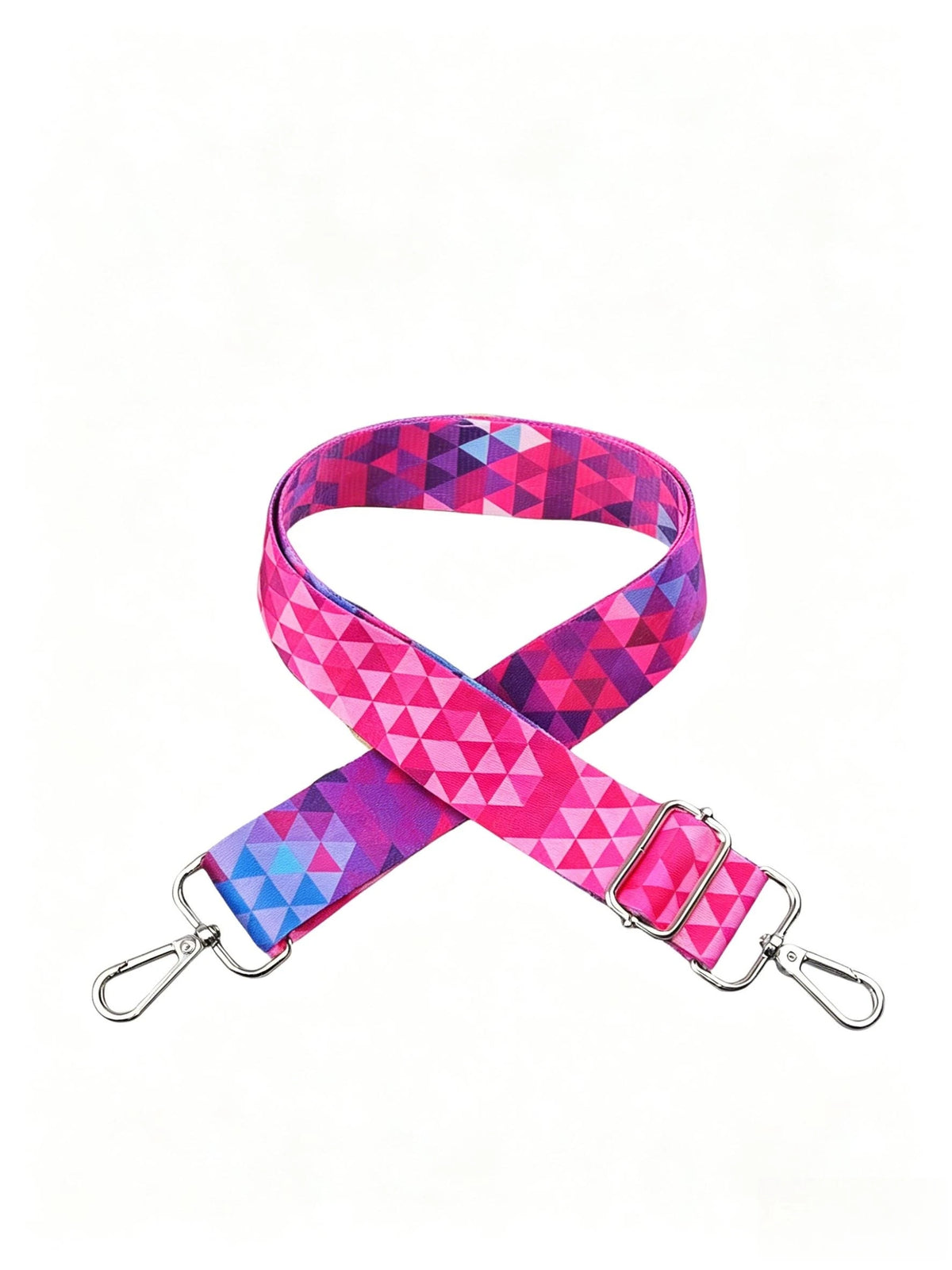 Pink and purple geometric patterned nylon crossbody bag strap with a silver metal buckle
