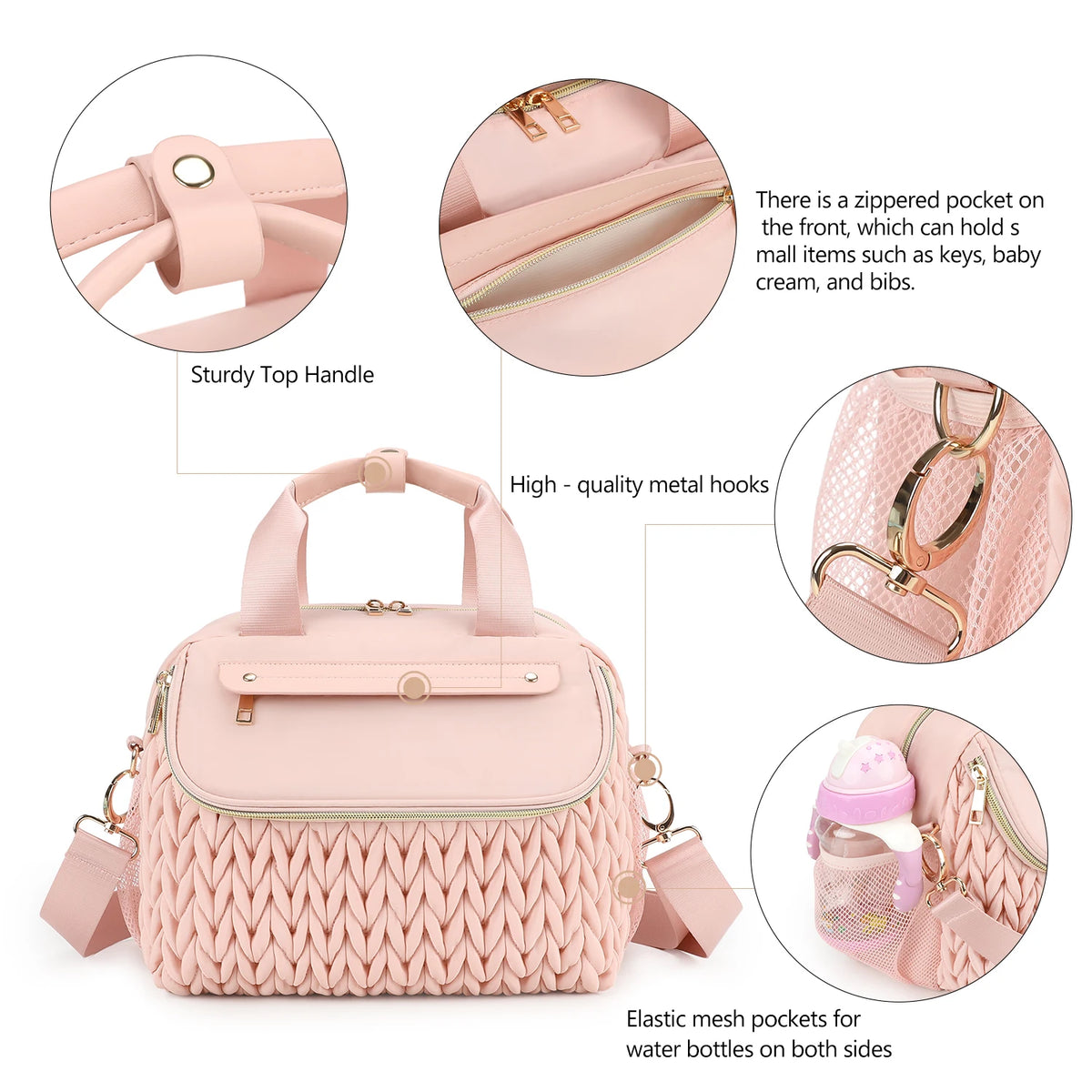 Pink quilted mommy bag with a strap and mesh pockets for organizing baby items