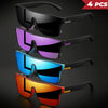 A set of four square sport sunglasses in various colors including black purple blue and orange displayed on a dark background