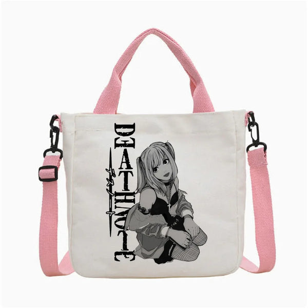 A white canvas tote bag featuring a black illustration of a girl with long hair and the text DEATHLY.