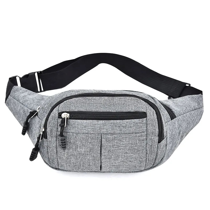 A gray canvas waist fanny bag with black trim and adjustable strap.