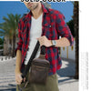 A man models a brown leather crossbody bag against a sunny outdoor background.