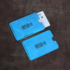 Blue anti-scan card sleeves for credit and RFID protection with a white card visible