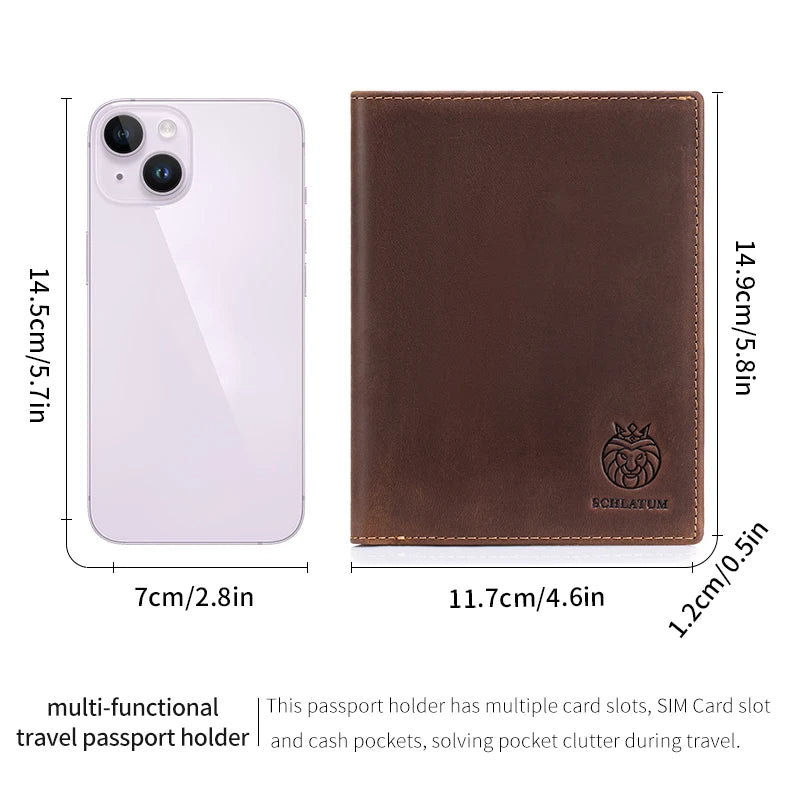 A brown genuine leather passport holder with multiple card slots and cash pockets shown next to a smartphone.