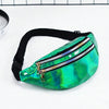 A vibrant holographic green sequin waist bag with a silver zipper and black adjustable strap.