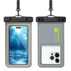 A gray waterproof phone case with a clear front showing a smartphone, featuring a black strap.