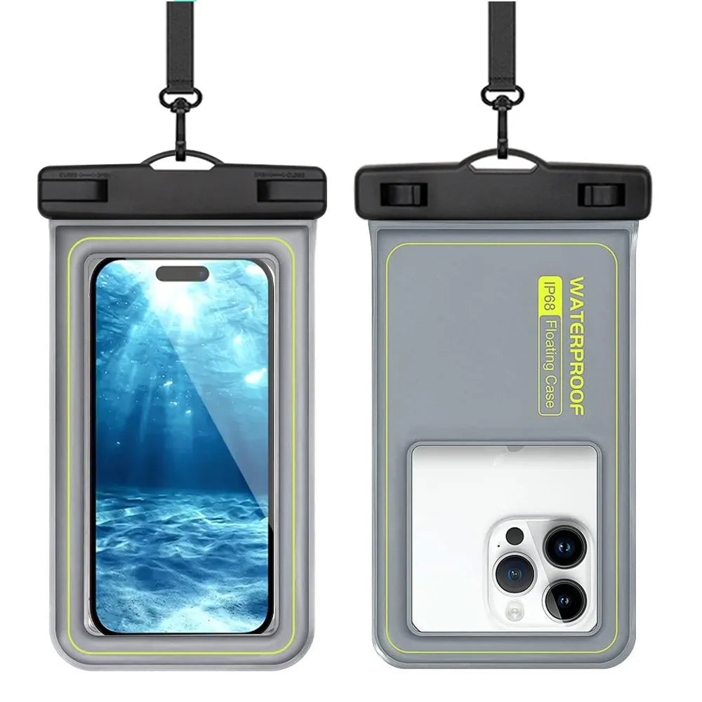 A gray waterproof phone case with a clear front showing a smartphone, featuring a black strap.