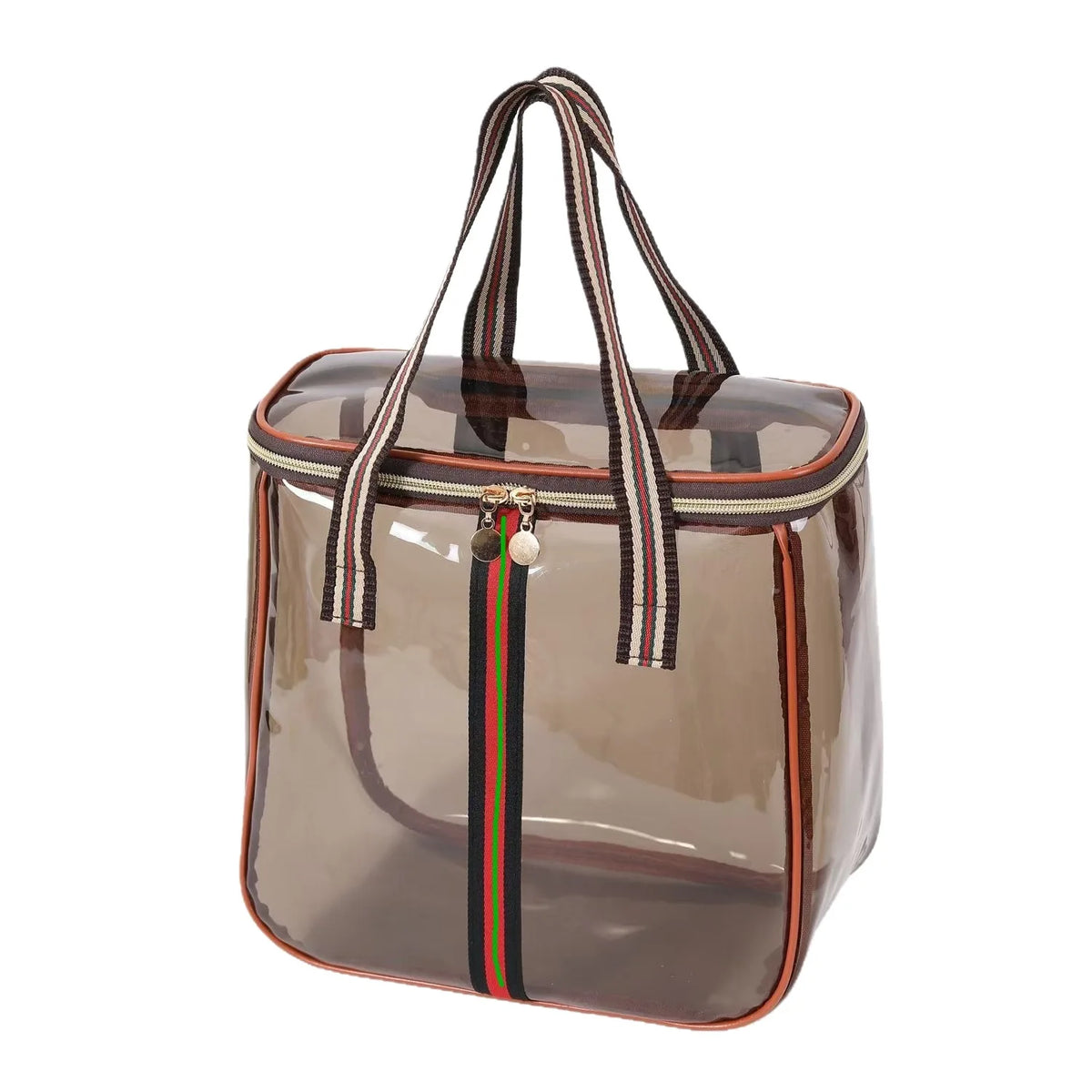A clear waterproof travel toiletry bag with brown and black striped fabric handles.