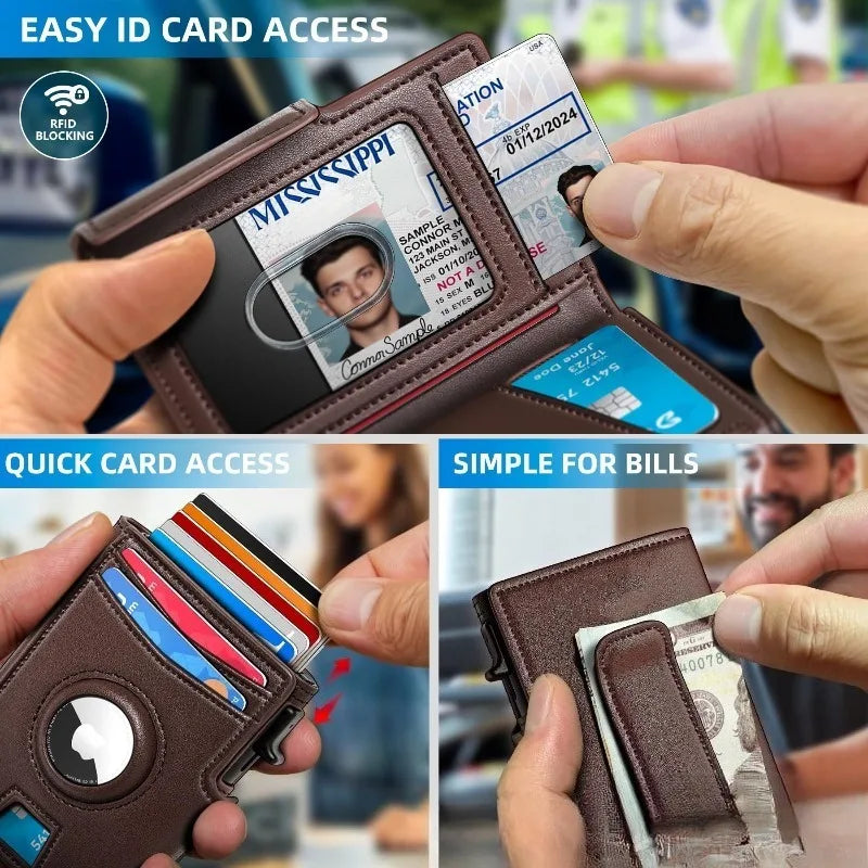 Manos mostrando una cartera de tarjetas marrón para hombre con varias tarjetas y una tarjeta de identificación siendo accedid