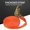 Orange thickened strap with a metal ratchet and tensioner visible for vehicle securing.