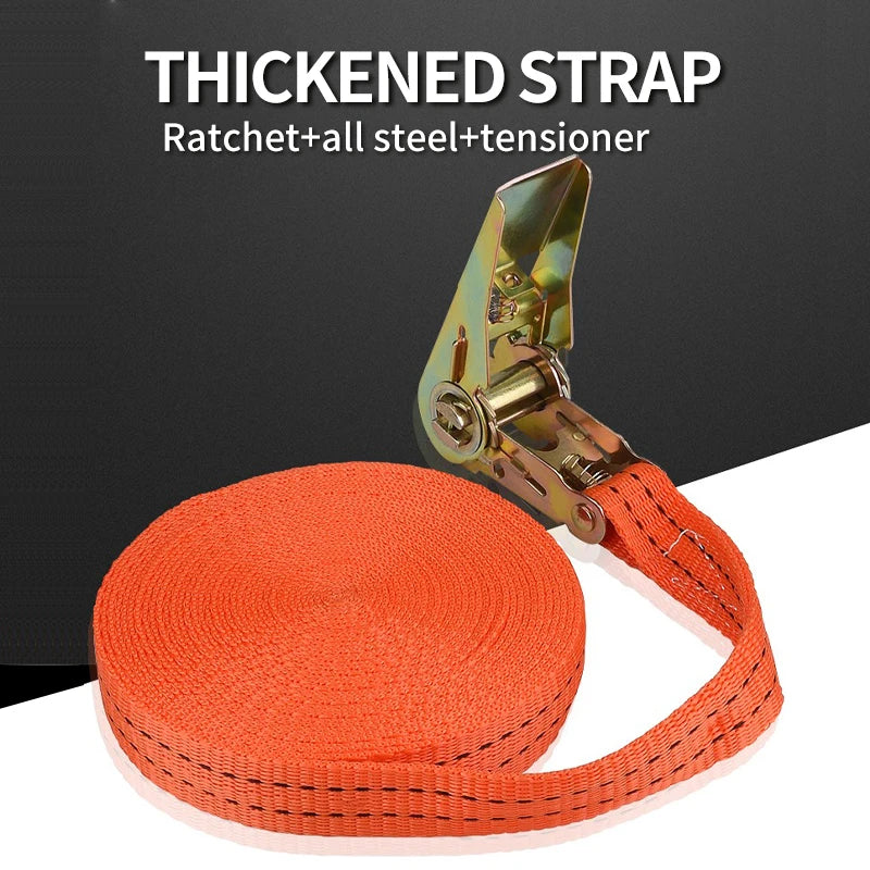 Orange thickened strap with a metal ratchet and tensioner visible for vehicle securing.