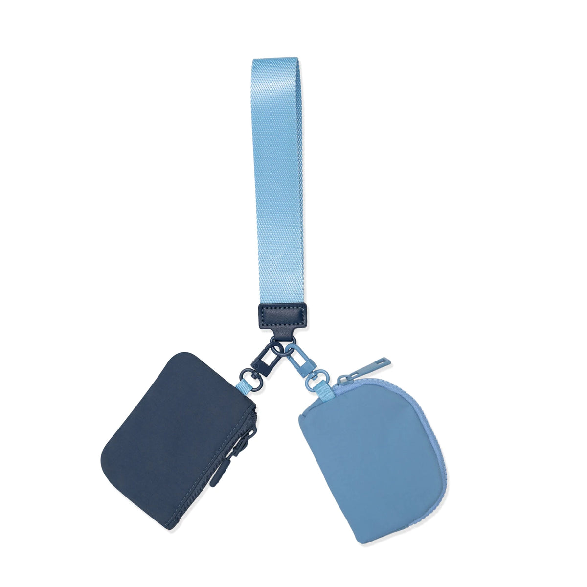 A light blue nylon strap and attached coin purse wristlet.